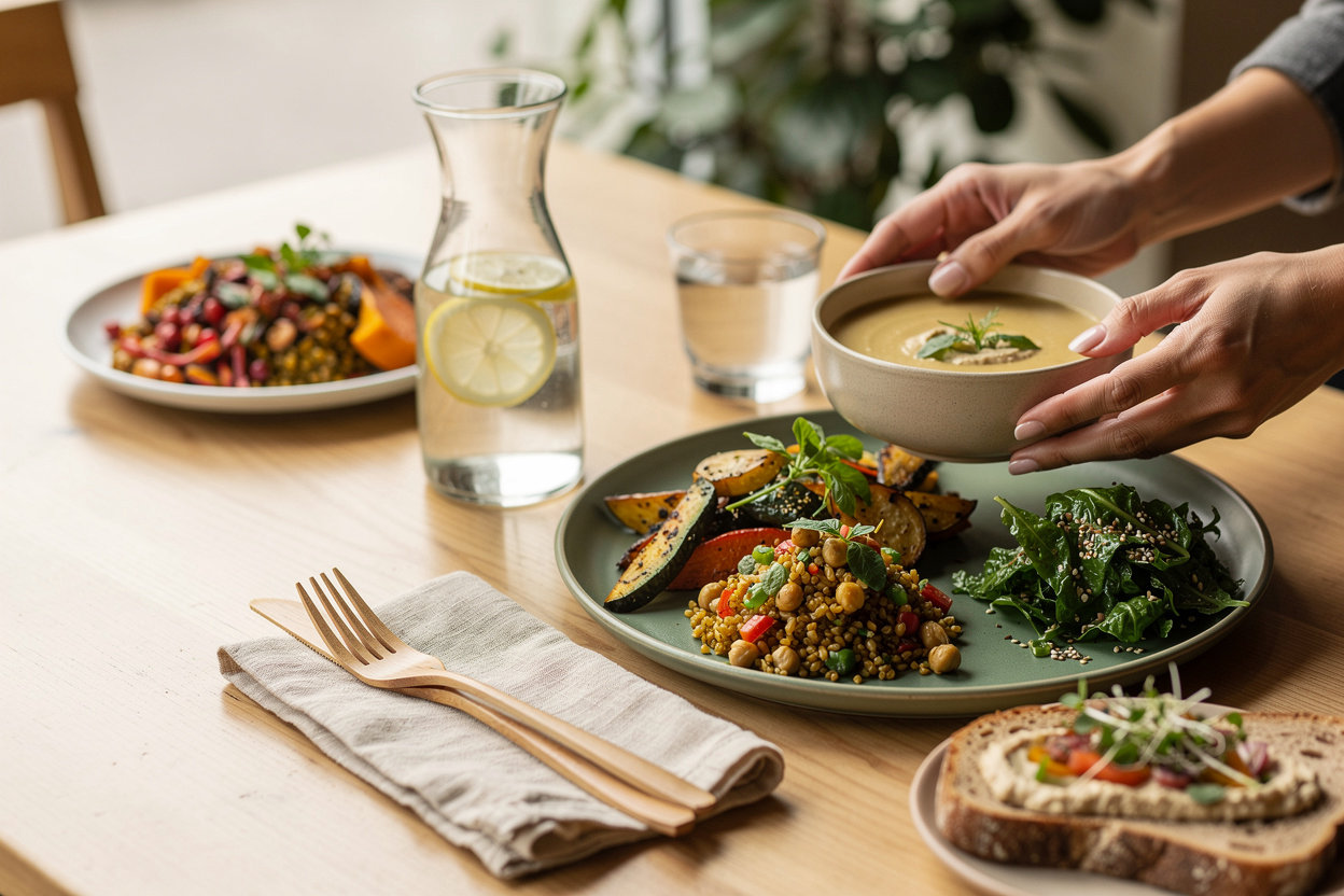 Kaffeekoje veganer Mittagstisch mit frisch zubereiteten pflanzlichen Gerichten